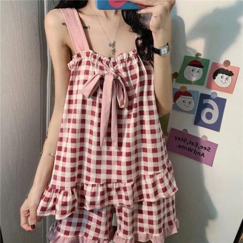Summer Kawaii Pajamas 2021 New Arrival Sweet Plaid Pink Pajama Set with Bra Spaghetti Strap Short Femme Sleeveless Nightwear