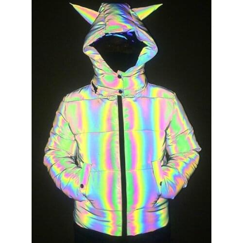 Fashion Luminous Rainbow Padded Reflective Jacket Women Bubble Puffer Coat for Winter Horn Hooded Parkas Fluorescent Outerwear