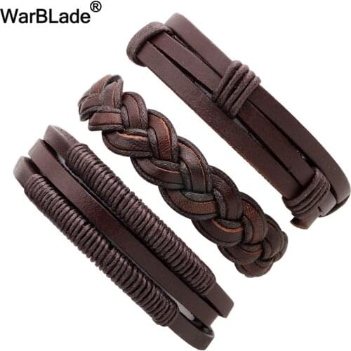 WarBLade 3pcs/Set Fashion Brown Leather Braided Bracelet Men Vintage Charm Beads Bracelets Bangle Punk Wrap Wristband For Male