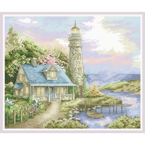 Hut Under The Lighthouse Counted Cross Stitch Kits Landscape Printed Fabric Embroidery Sets 11CT 14CT DIY Crafts Home Decoration