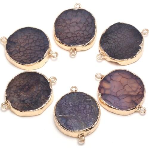 Natural Black Agates Pendant Connectors Round Gold Plated Double Hole Connectors for DIY Jewelry Making