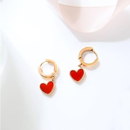 YUN RUO New Arrival Fashion Sweet Red Heart Stud Earring Rose Gold Color Woman Birthday Gift Titanium Steel Jewelry Never Fade