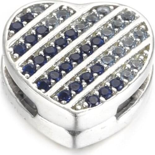 Authentic S925 Silver Shine Reflexions Blue Pave Heart Clip Charm fit Lady Bracelet Bangle DIY Jewelry
