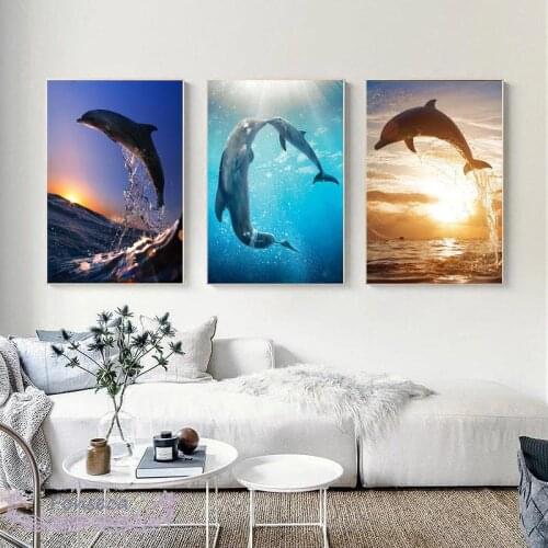 Ocean Dolphin Poster Seascape Sunset Landscape Canvas Painting Wall Art Picture for Bedroom Kids Room Modern Home Decoration
