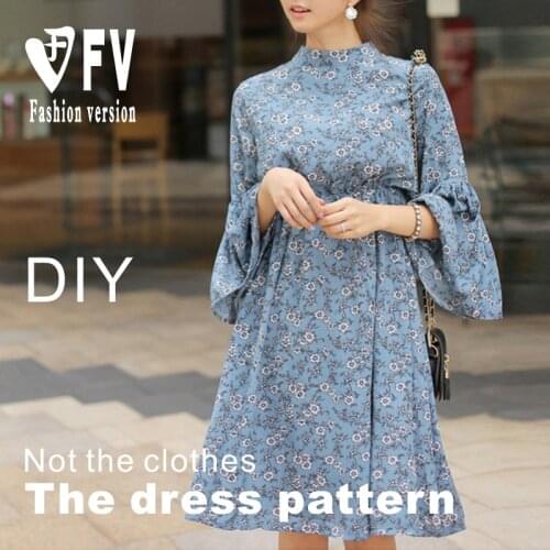 Elastic waist stand-up collar dress lotus leaf cuff skirt pattern clothing cutting drawing 1:1 physical object BLQ-304