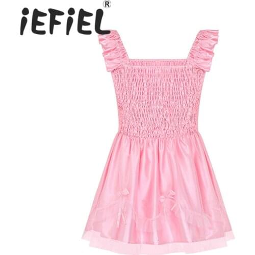 Sexy Male Mens Adults Sleeveless Ruffled Bodice with Ribbon Bows Stretchy Satin Sissy Dress Adult Baby Cross Dresser Costume