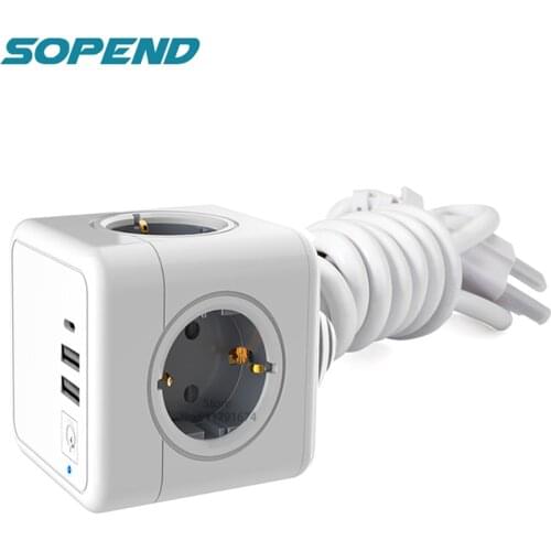 Sopend PowerCube Extension Wall Power Strip Smart Plug Socket Adapter with Usb Switch Type-C Ports 1.5m Cable 4 Outlet Tee Multi