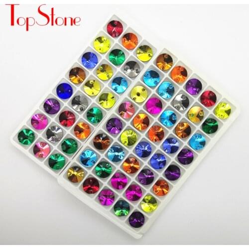 TopStone Many Colors Glass Crystal Rivoli Sew on Rhinestones Round Crystal Flatback 2 Holes Size Size 8mm 10mm 12mm 14mm