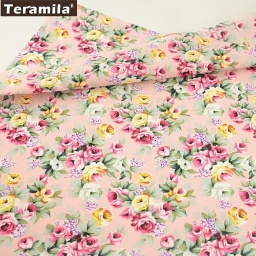 Teramila Cotton Poplin Fabric Light Pink Fat Quarter Meter Sewing Quilting Printed Blooming Rose Design Chirdrens Cloth CM