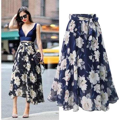 2019 Summer Ladies Long Chiffon Skirts Womens High Waist Floral A-Line Mid-Calf Skirt Faldas mujer moda