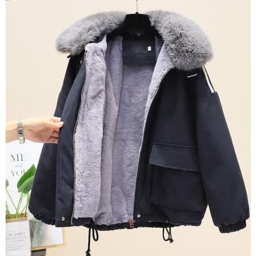 Plus size 4XL Parkas Women Winter Fur collar Jacket 2021 New Cotton Loose Plus velvet Thick Coat Tooling Female Short Outwear
