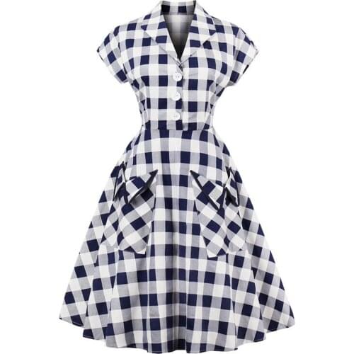 2021 Sundress Elegant Plaid Button Up Gingham Dress Retro Style Women Summer Pockets A Line Cotton Rockabilly Vintage Dresses