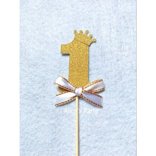 Handmade 10pcs 1st Birthday party decorations Gold No.1 Cupcake Toppers Baby shower Cake toppers with Crown Bow Smash Cake Decor