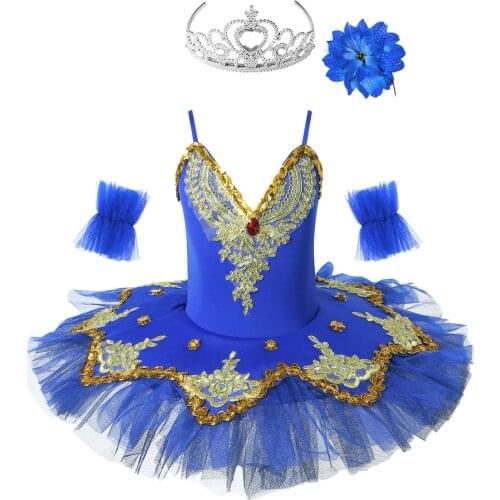 4Pcs Outfits Kids Girls Dress Gold Embroidered Flower Rhinestone Sequins Ballet Leotard Children Tutu Dress Swan Dance Costume