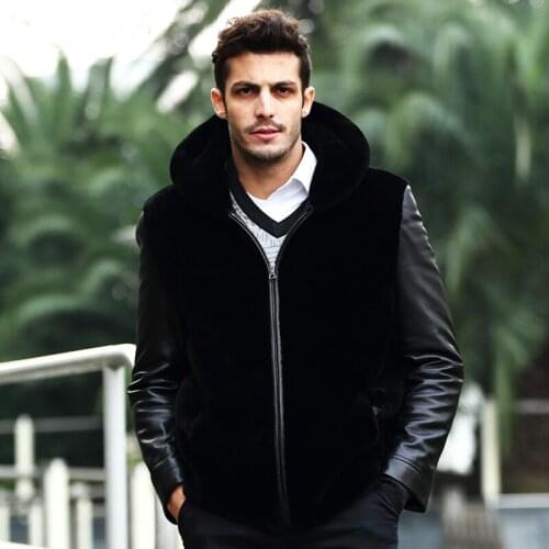 Big Size S-6XL Men Slim Luxury Faux Fur Leather Sleeve Warm Coat Hood Pocket Jacket Tops Black M2