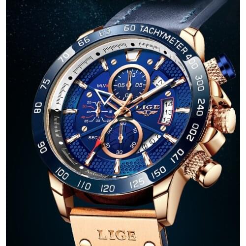 Watches Mens LIGE Top Brand Waterproof Clock Male Leather Strap Sport Quartz Watch For Men Big Dial Chronograph Wristwatch 2021