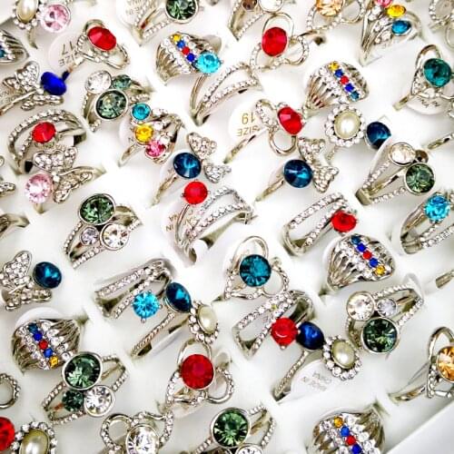 10Pcs Newest Design Womens Rings Mixed Style Colorful Glass Crystal Wholesale Rings Lots Fashion Women Jewelry LR4170