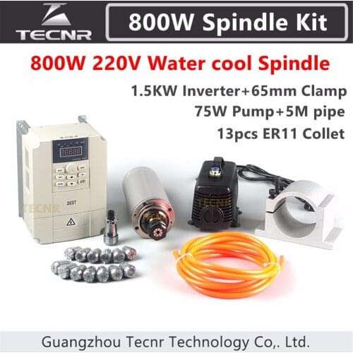 Spindle Kit 800W 220V CNC Router Water Cooled Spindle Motor +1.5KW VFD+65mm clamp+75w water pump/pipe+13pcs ER11