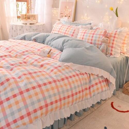 Colorful plaid cotton bed 4-piece bed skirt ruffled quilt cover bed sheet pillowcase new simple girly three-piece suit