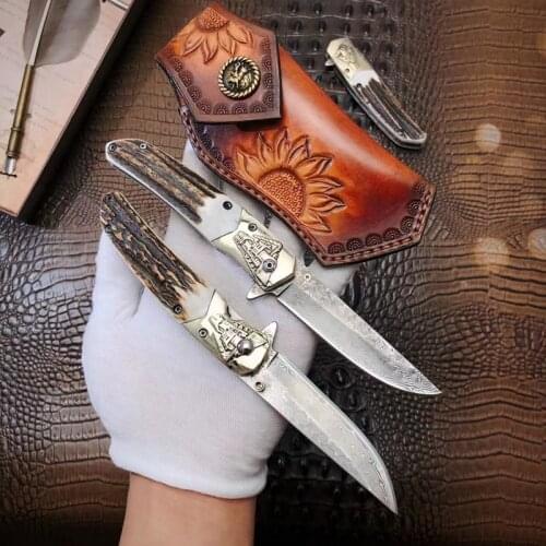 Handmade Damascus Steel Blade Antlers Handle Self Defense Knives For Hunting Camping Damascus Pocket Folding Knife