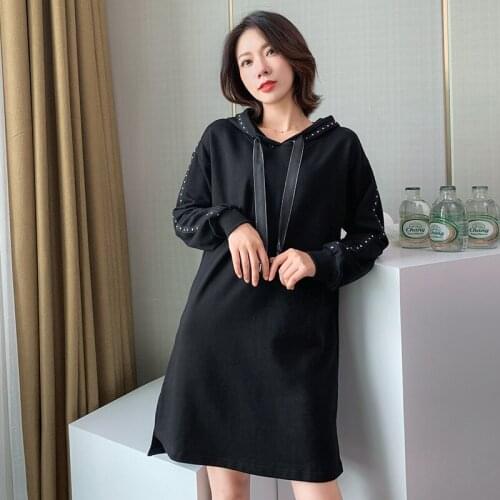 New Plus Size 120CM Women Hoodies Casual Loose Solid Rivet Long Sleeve Hooded Sweatshirts Dress For Females Larger Mid- Hoodies