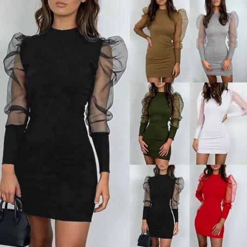 Dress womens long sleeve gauze sleeve skirt Europe and America new round neck buttock one step skirt womens dress SAGACE robe