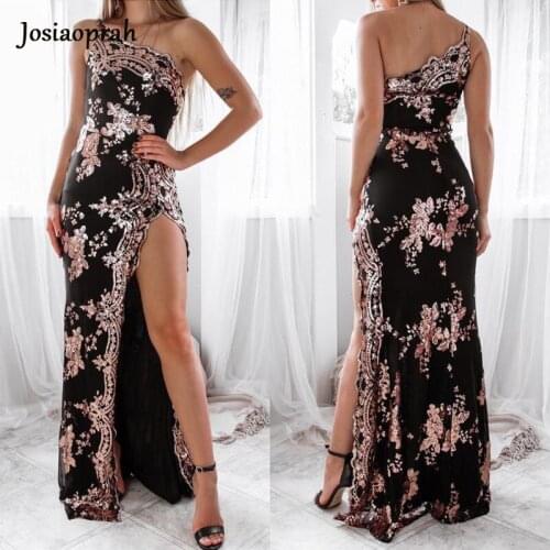 Josiaoprah High Split Sexy Bodycon Sequin Dress Women Elegant Vestido Summer One Shoulder Floral Glitter Party Maxi Long Dress