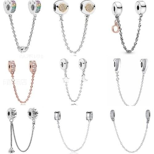 Authentic 925 Sterling Silver Crown O Safety Logo Clear Pave Chain Charms Fit Original Pandora Bracelets For Women DIY Jewelry