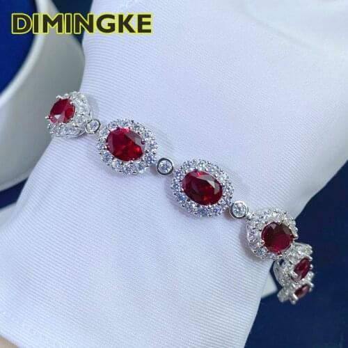 DIMINGKE 6*8MM 10 Natural Ruby Bracelets 17CM S925 Silver Jewelry Anniversary Birthday Party Woman Gift