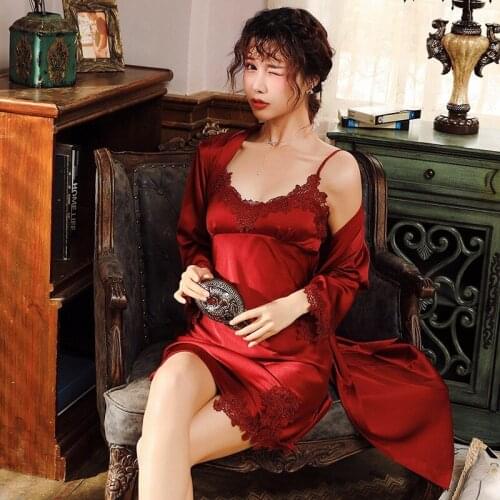 Sexy Lace Women Kimono Bathrobe Gown 2PCS Nighty&Robe Suit Satin Sleepwear Silky Nightgown Intimate Lingerie Casual Home Clothes