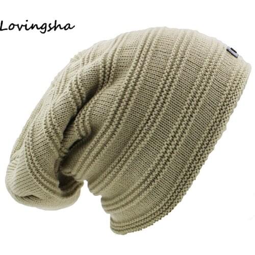 LOVINGSHA Striped Design Beanie Mens Faux Fur Warm Baggy Knitted Knit Skullies Bonnet Winter Hat For Women Men Winter Hat Cap