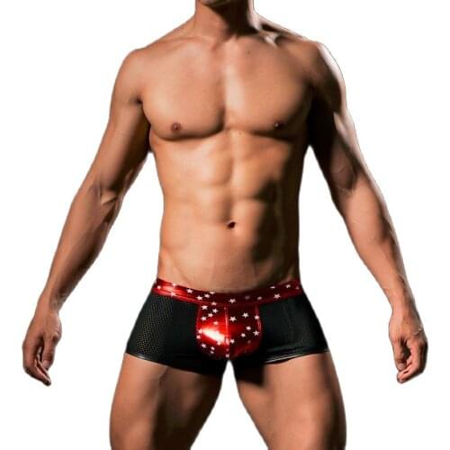 Sexy Breathable Boxers Foil Stamping Star Sexy Men Faux Leather Underwear Boxers Shorts U Convex Bag Gay Wear Acting Shirt Dance