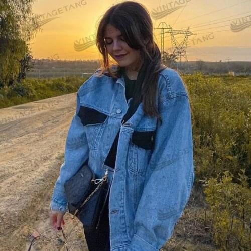 B-TOTO American Retro Niche Stitching Pocket Denim Jacket Female Trendy Ins Autumn Jacket 2021 New Fashion