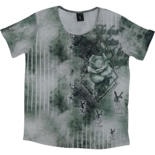 Ş-LU-412 Women Green Cubic Zirconia Rose Pattern Printed Short-Sleeved T-Shirt 447269459