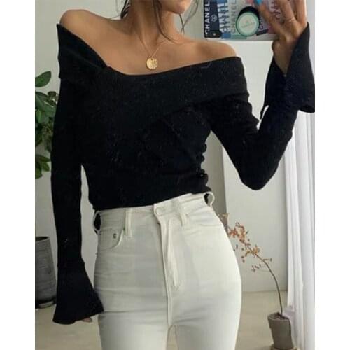 European American Autumn Womens 2020 New T-Shirt Off Shoulder Sexy Irregular Flared Sleeve Solid Color Famale Slim Bodice Tops