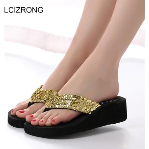 LCIZRONG 2018 Summer Bling Women Platform Flip Flops Wedge Slippers Beach High Heel Party Home Slippers Female Indoor Shoes