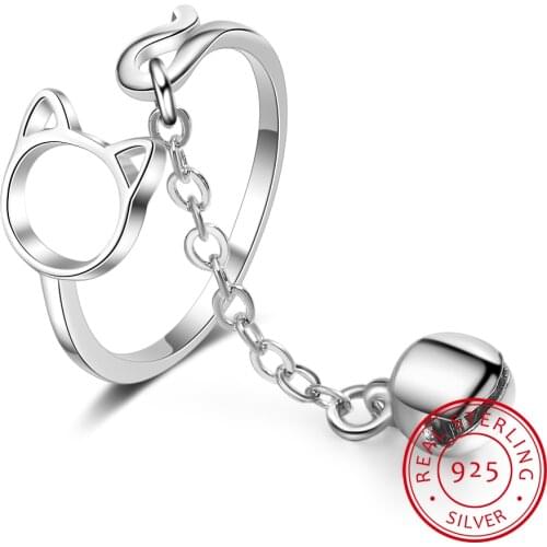 100% 925 Sterling Silver Cartoon Cat Bell Open Rings For Women Creative Cute Style Girl Fine Jewelry Gift