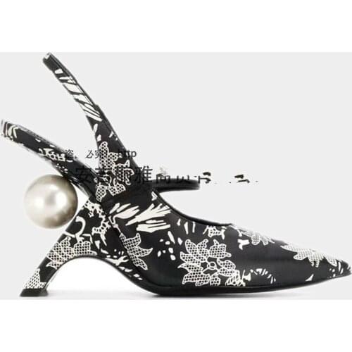 OLOMLB Womens Pointy Toe Genuine Leather A big Pearl Strange Fretwork High Heel Shoes Pumps Slingbacks Floral Printed Plus Size