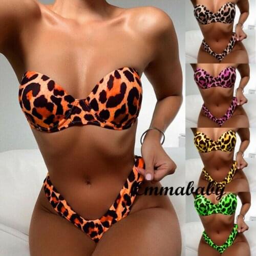 Strapless Bikini Set Swimwear Womens Ladies Padded Push-up Swimsuit Sexy Leopard Print Beachwear Bathing Suit
