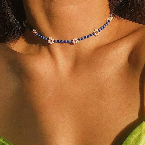 Colorful Beaded Ethnic Womens Necklace Woven Rice Beads Flower Necklace Jewelry