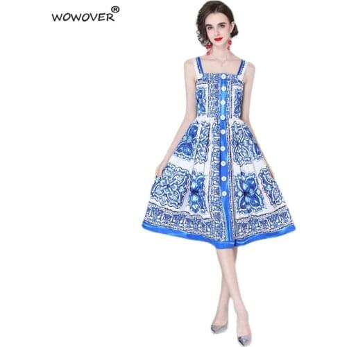 2021 New Runway Fashion Designers Blue Print Midi Spaghetti Strap Summer Dress Women Vintage Backless Sexy Beach Holiday Robe