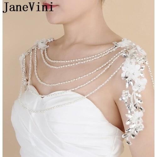 JaneVini Rhinestone Crystal Bridal Necklace Fashion Wedding Shoulder Chain Long Necklaces Bride Handmade Flowers Lace-Up Wrap