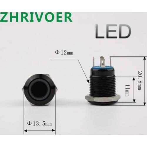 12mm Black Push Button Switch Waterproof Illuminated Metal Flat Momentary Switches with Power Mark 3V 6V 12V 24V 110V 220V