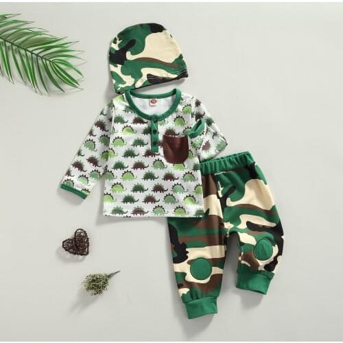 3Pcs Baby Tracksuits, Dinosaur Print O-Neck Long Sleeves Tops + Camouflage Pants + Hat Suit for Toddlers, Girls, Boys