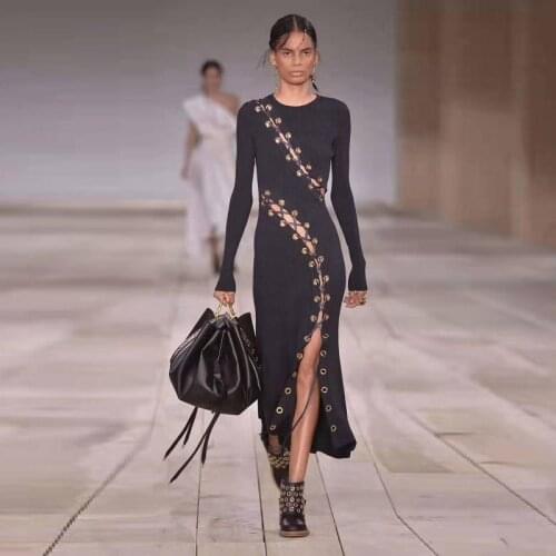 Black Round Neck Long Sleeve Bodycon Dress Women Celebrity Fashion Lace Up Runway Bandage Solid Elegant Party Maxi Dresses 2019