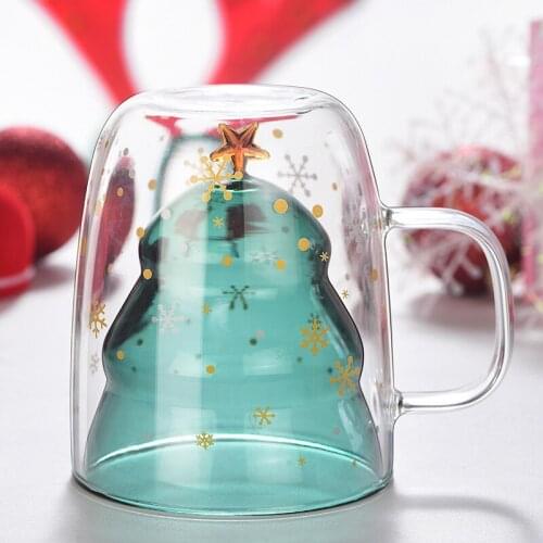 Colorful Snowflake 3D Christmas Tree Double Layer Glass Coffee Cup Cafe Tazas Copo Vaso Latte Tea Milk Mug Merry Christmas Gift