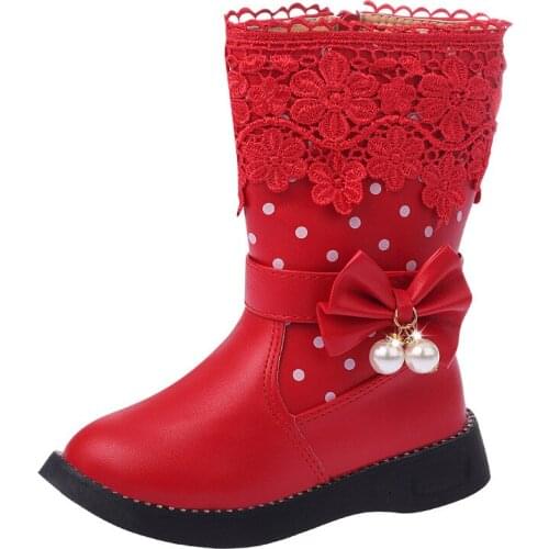 2020 Girls Winter Rubber Boots For Kids Children Lace Floral Bow-knot With Pearl Pendant Dots Sweet Princess Warm Cotton Boots