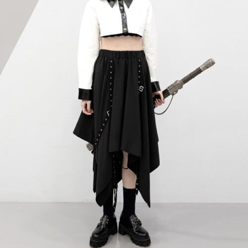 Long Gothic Lady Harajuku Skirt Black Punk Irregular Length Girl Skirt Eyelet Ribbon Buckle Summer Korean Fashion Street Cloth