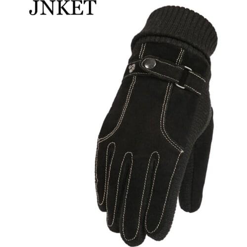 JNKET Winter Genuine Pigskin Leather Gloves Mens Windproof Warm Plush Lining Touch-screen Gloves Motocycle Gloves Skiing Glove