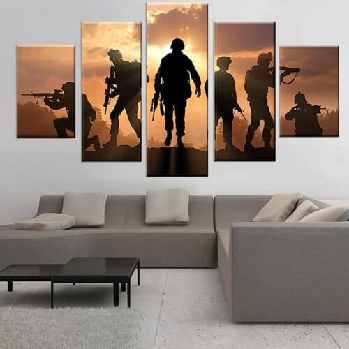HD Printed 5 Piece Patriotic US military Painting soldiers Canvas with army Sunset Wall Pictures for Living Room battlefield